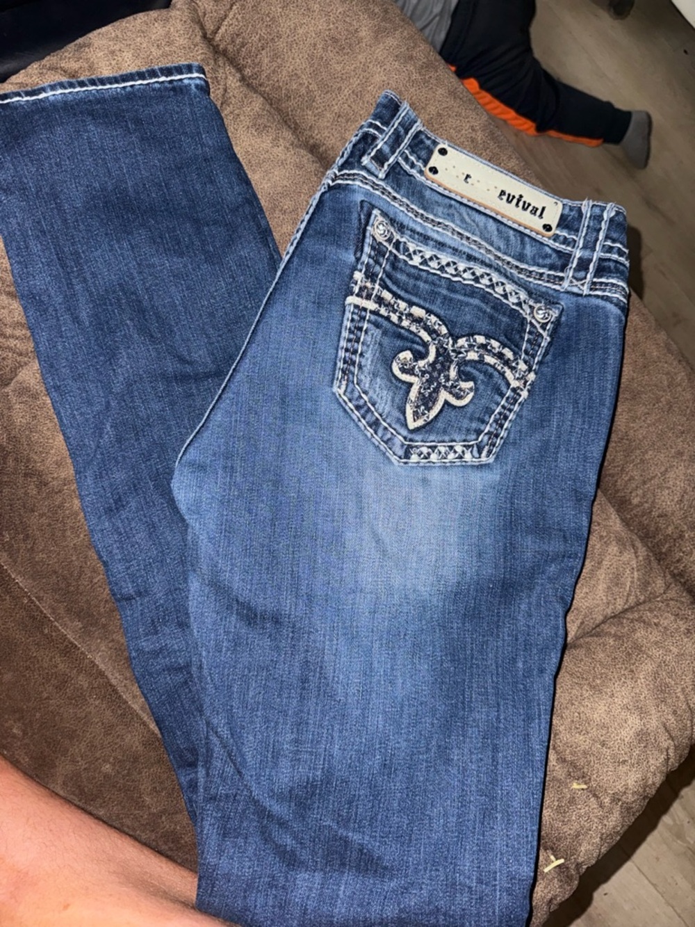 Rock Revival Women's Embroidered Pocket Dark Blue Skinny Jeans